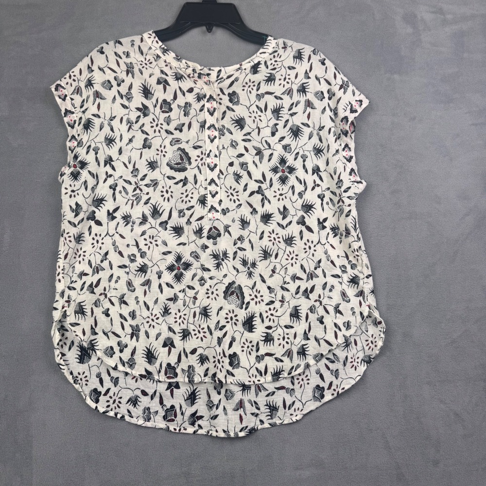 Xirena Womens XS Cotton Gauze Floral Henley Blouse Cap‎ Sleeve Cream Black Red
